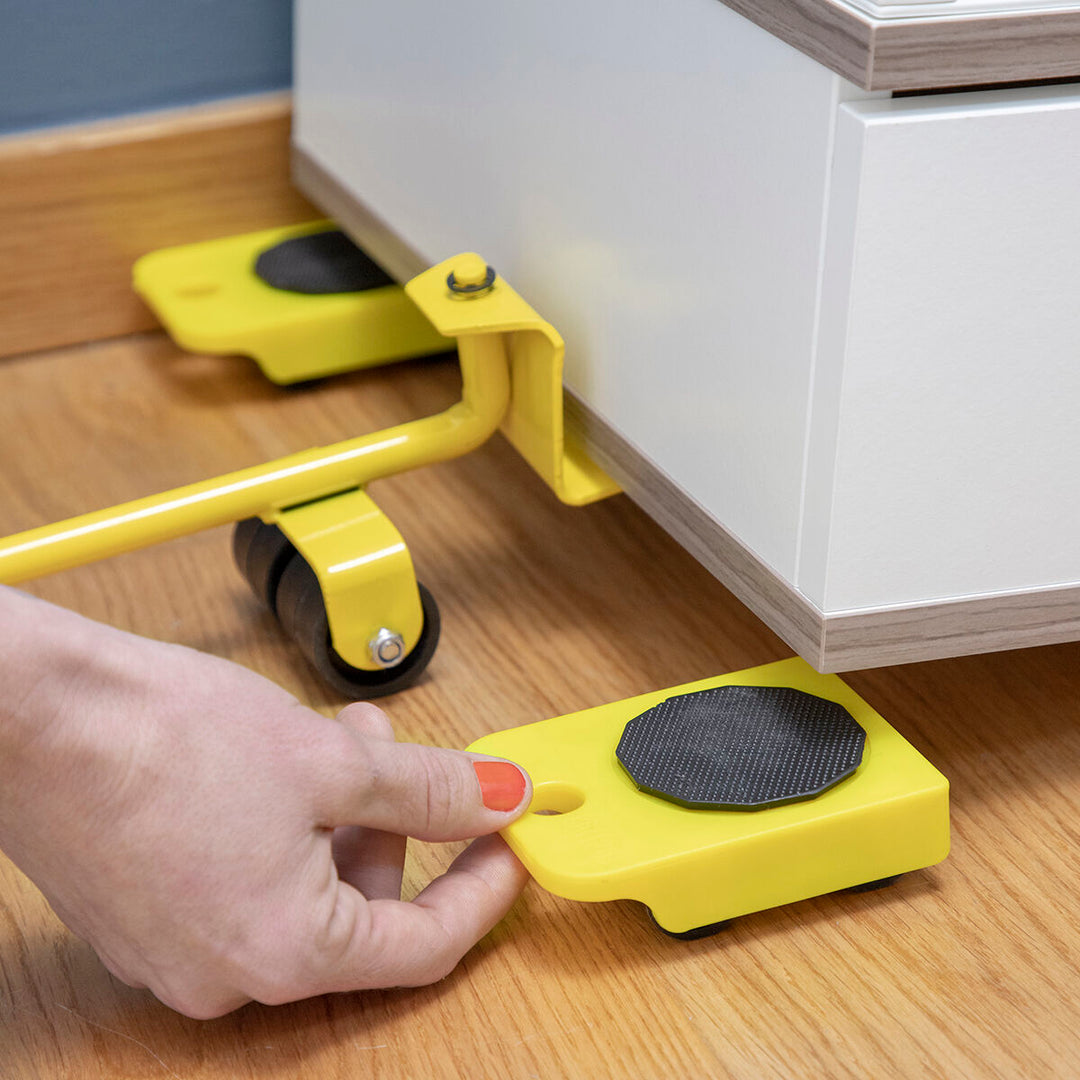 Kit MobiLift 5 Pièces Pour Déplacer Meubles Lourds - 4 Patins Roulants + 1 Levier - Pour Canapé, Frigo, Machine à Laver, Déménagement