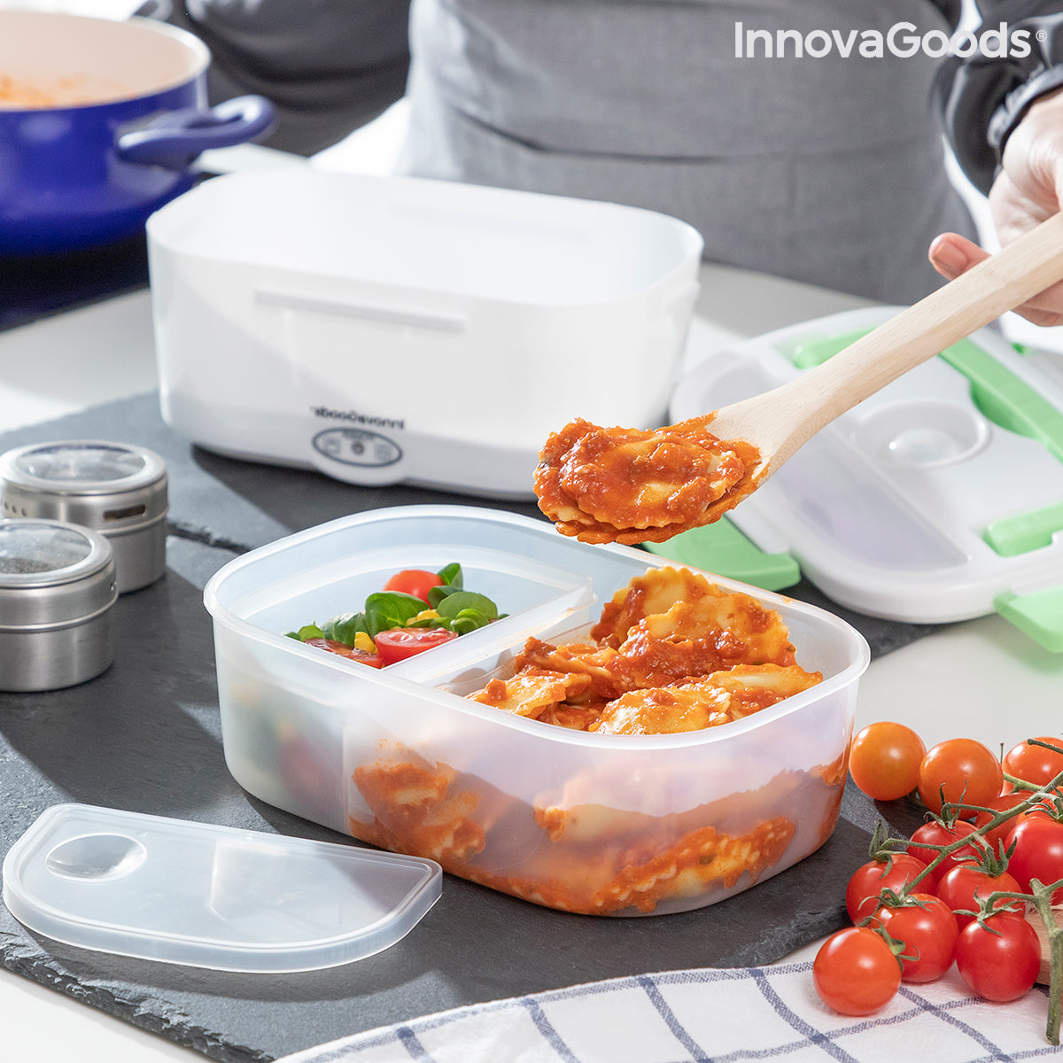 Innovagoods® Fiambrera Electrica Calentador Comida Electrico Taper Electrico  para Comida 50W Incluye cuchara y tenedor de acero inoxidable. Perfecta  para hogar, oficina. Blanco Verde. Bajo consumo : : Hogar y cocina