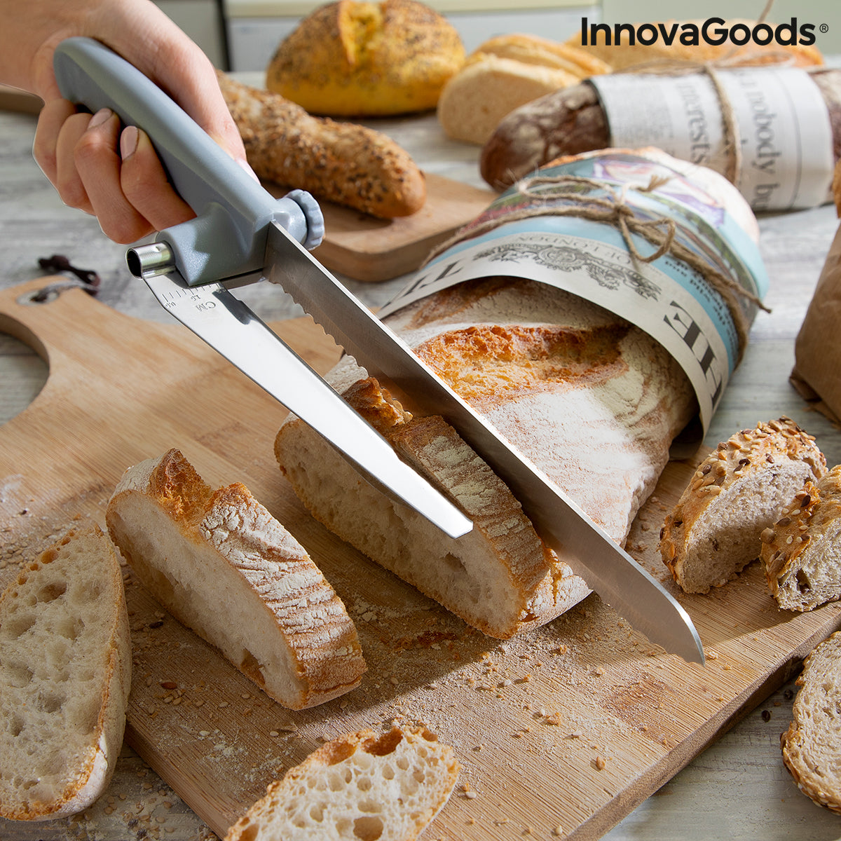  Cortador de pan de bambú con cuchillo dentado, guía de