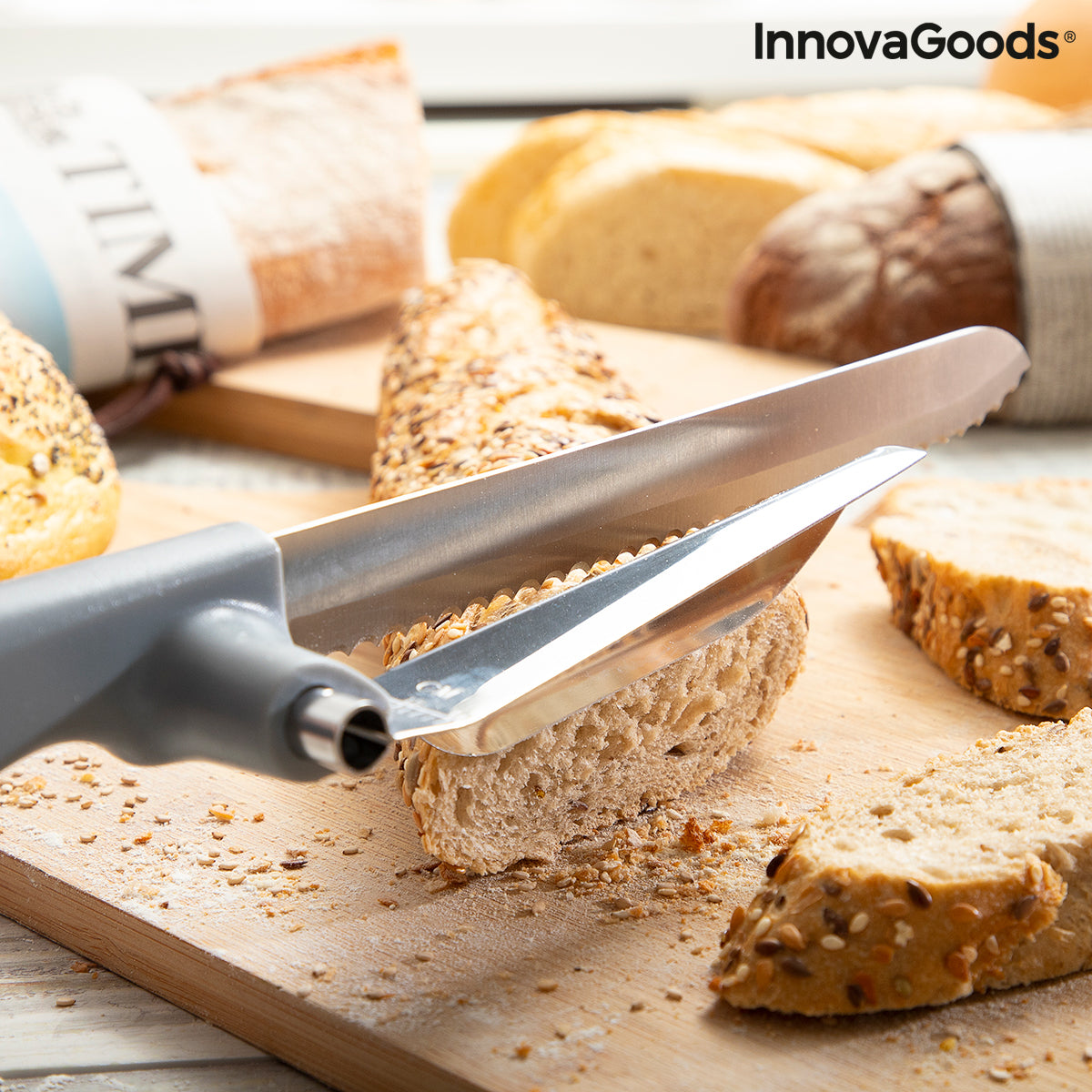  Cortador de pan de bambú con cuchillo dentado, guía de